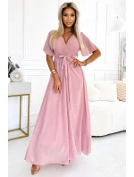 545-1 Dlouhé šaty se skládaným výstřihem a kosticemi - PUDRAL ROSE