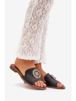 Kožené Pantofle S Dekorací Na Plochém Podpatku Zazoo 3047/O Černé