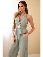 Dámský viskózový komplet – zavazovací top a kalhoty se širokými nohavicemi khaki