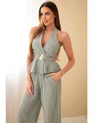 Dámský viskózový komplet – zavazovací top a kalhoty se širokými nohavicemi khaki