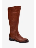 Kožené dámské kozačky na nízkém podpatku zateplené Zazoo 70150 hnědé