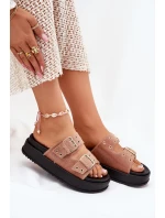 Dámské Pantofle Se Zlatými Přezkami Na Platformě Béžové Virvania