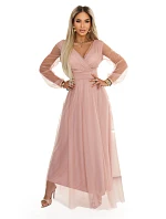 664-1 Dlouhé maxi šaty s tylovými rukávy a obálkovým výstřihem - pudrově růžové