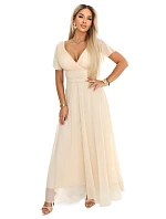 635-9 MELANIA dlouhé třpytivé svatební šaty s výstřihem a krátkými rukávy - béžové