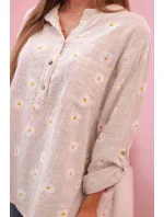 Lněná dámská halenka s květinovým vzorem, dlouhými rukávy a knoflíky béžová + bílá