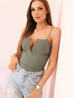 Dámská halenka s body bez ramínek, volánky a výstřihem do V světle khaki