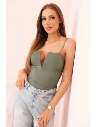 Dámská halenka s body bez ramínek, volánky a výstřihem do V světle khaki