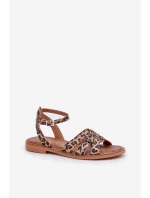 Kožené Dámské Sandály Na Plochém Podpatku Leopardí Zazoo 3688 Hnědé