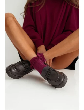 Skarpetki Damskie Bawełniane Z Koronką Bordowe