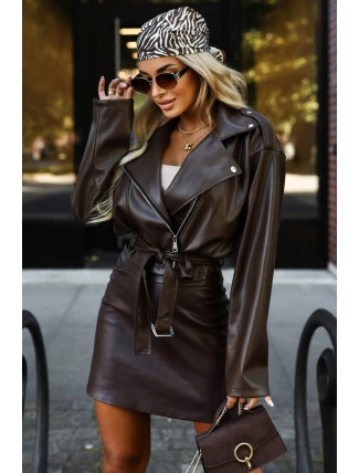 626-4 Bunda z měkké ekokůže ramon s páskem a asymetrickým zipem - hnědá