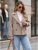 Krátký dámský dvouřadý kabát s výložkami, barva fango, FashionStreet TY6015 Krátký dámský dvouřadý kabát s výložkami, barva fango, FashionStreet TY6015