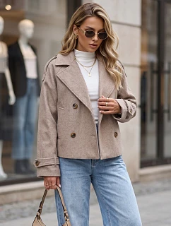 Krátký dámský dvouřadý kabát s výložkami, barva fango, FashionStreet TY6015