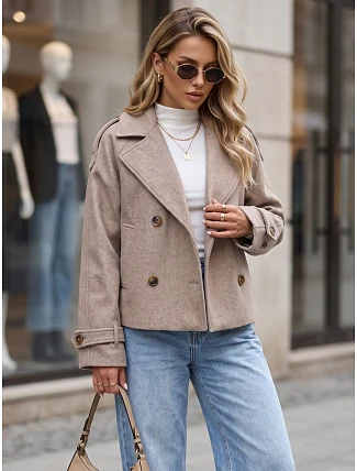 Krátký dámský dvouřadý kabát s výložkami, barva fango, FashionStreet TY6015 Krátký dámský dvouřadý kabát s výložkami, barva fango, FashionStreet TY6015