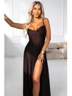 646-1 Dlouhé společenské šaty bez ramínek s rozparkem na nohou - čokoládově hnědé