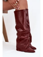 Zateplené dámské kozačky s vytočeným horním lemem na podpatku bordó Elivira