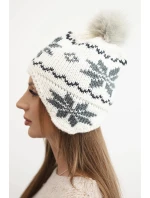 Dámská zimní čepice vlněná s motivem sněhové vločky a pomponem K450 bílá + grafitová