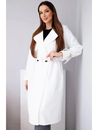 Dámský kabát s páskem a zlatými přezkami ecru