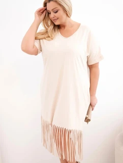 Dámské bavlněné šaty s výstřihem do V a třásněmi Plus size béžová