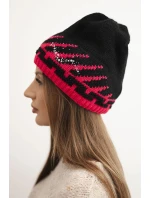 Dámská zimní čepice z vlny s geometrickým vzorem a kamínky K469 černá + fuchsie
