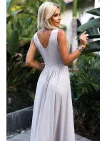 467-2 LOUISE dlouhé šaty s výstřihem a rozparkem na nohou - béžové s třpytkami