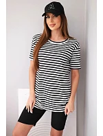 Dámský viskózový pruhovaný komplet s krátkým rukávem a šortkami černý