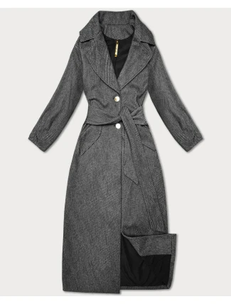 Černý pruhovaný dlouhý dámský kabát s páskem S'West (B8542-1)