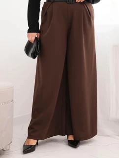Dámské kalhoty Plus Size s širokou nohavicí a páskem hnědé
