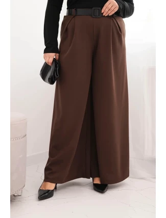 Dámské kalhoty Plus Size s širokou nohavicí a páskem hnědé Dámské kalhoty Plus Size s širokou nohavicí a páskem hnědé