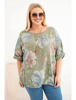 Dámská bavlněná halenka Plus Size s krátkým rukávem a květinovým vzorem khaki