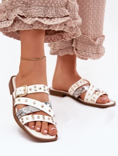 Ozdobené dámské sandály na plochém podpatku s pásky a sponou bílé Manitte