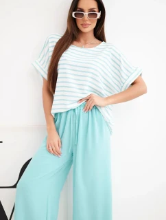 Dámský viskózový komplet s pruhovanou blůzou a širokými kalhotami s gumou mátový