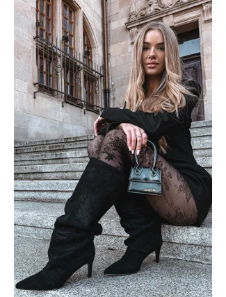 Zmačkané kozačky na jehlovém podpatku z ekzem veluru vyhřívané černé Mavella