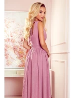 JUSTINE - Dlouhé dámské šaty v pudrově růžové barvě s brokátem, s výstřihem a zavazováním 362-1
