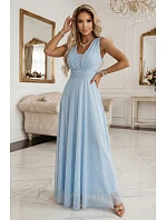 637-6 Večerní dlouhé šaty s brokátovým akcentem a hlubokým výstřihem - modré