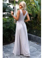 467-2 LOUISE dlouhé šaty s výstřihem a rozparkem na nohou - béžové s třpytkami