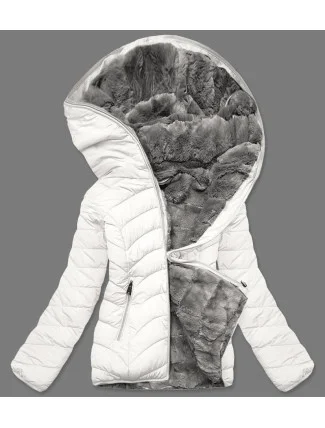 Smetanově-šedá krátká oboustranná dámská zimní bunda (2M-21507)