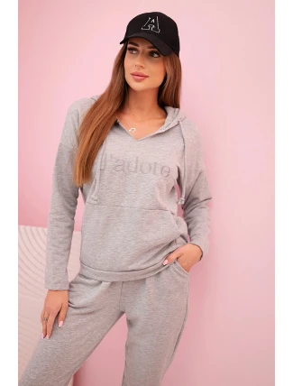 Dámská bavlněná tepláková souprava s kapucí a potiskem šedá Dámská bavlněná tepláková souprava s kapucí a potiskem šedá