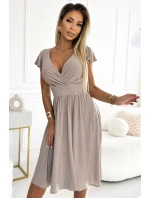 425-10 MATILDE Šaty s výstřihem a krátkými rukávy - béžové se třpytkami