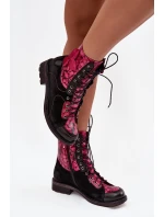 Kožené dámské boty z pravé kůže na nízkém podpatku Maciejka – černo-růžové