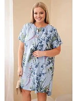 Dámské viskózové šaty velikosti Plus s krátkým rukávem a výstřihem na knoflíky modrá