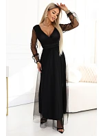 664-3 Dlouhé maxi šaty s tylovými rukávy a obálkovým výstřihem - černé