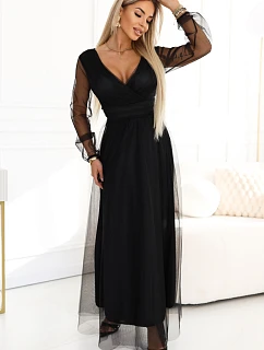 664-3 Dlouhé maxi šaty s tylovými rukávy a obálkovým výstřihem - černé
