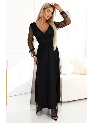 664-3 Dlouhé maxi šaty s tylovými rukávy a obálkovým výstřihem - černé