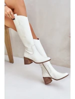 Kožené Holinky Před Kolena Na Podpatku Bílé Zazoo 3675