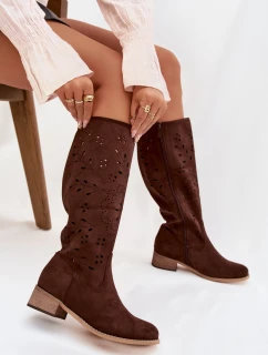 Otevřené dámské vysoké boty na kostku čokoládové Helinna