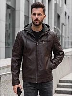 Pánská kožená zateplená bunda s kapucí, hnědá, FashionStreet TX5142