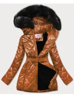 Lesklá zimní bunda v karamelové barvě s mechovitou kožešinovou podšívkou (w756)