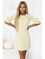 217-12 NEVA Dámské trapézové šaty s vázáním na rukávech - pastelově žluté 217-12 NEVA Dámské trapézové šaty s vázáním na rukávech - pastelově žluté