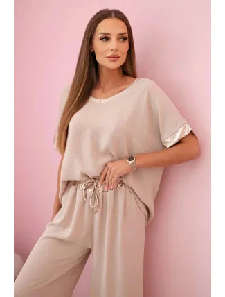 Viskózový komplet se zlatým lemováním tmavě béžová