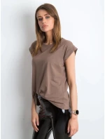Hnědé bavlněné tričko t-shirt s ohrnutými rukávky Feel Good (4833.36X)